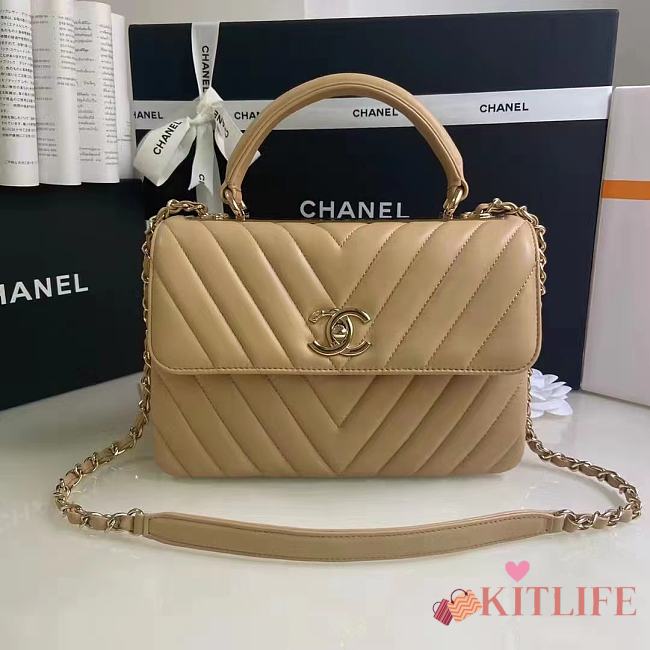 Kitlife Chanel FLAP BAG WITH TOP HANDLE Chevrons Pattern Lambskin Aged Gold Metal Beige - 25x17x12cm - 1