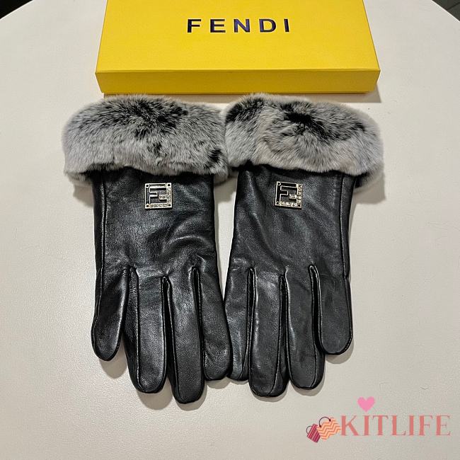 Kitlife Fendi Gloves Rabbit Wool Imported First-Class Sheepskin Leather Black Gold Hardware - 1