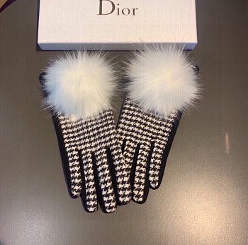 Kitlife Dior Gloves White Wool Houndstooth Velvet Leather White