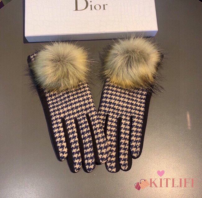 Kitlife Dior Gloves Brown Wool Houndstooth Velvet Leather White - 1
