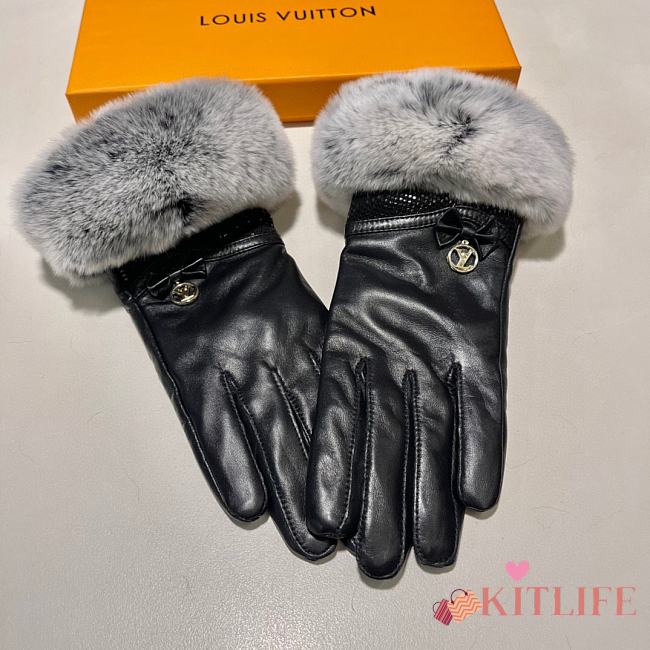 Kitlife Louis Vuitton Gloves Rex Rabbit Fur Gold Logo Black Leather - 1