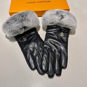 Kitlife Louis Vuitton Gloves Rex Rabbit Fur Gold Logo Black Leather