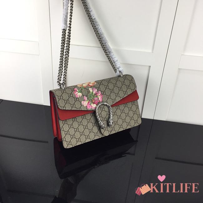 Kitlife Gucci Re-edition Dionysus Small GG Bloom Shoulder Bag Red and Beige/ebony GG Supreme canvas – 28x18x9cm - 1