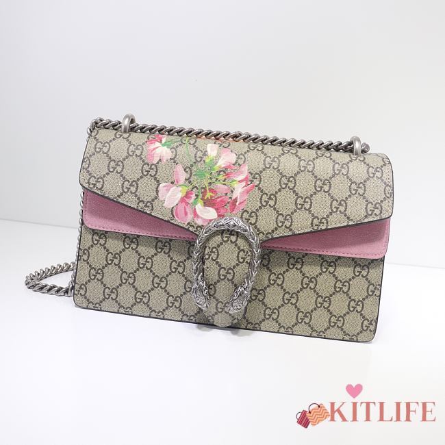 Kitlife Gucci Re-edition Dionysus Small GG Bloom Shoulder Bag Pink and Beige/ebony GG Supreme canvas – 28x18x9cm - 1