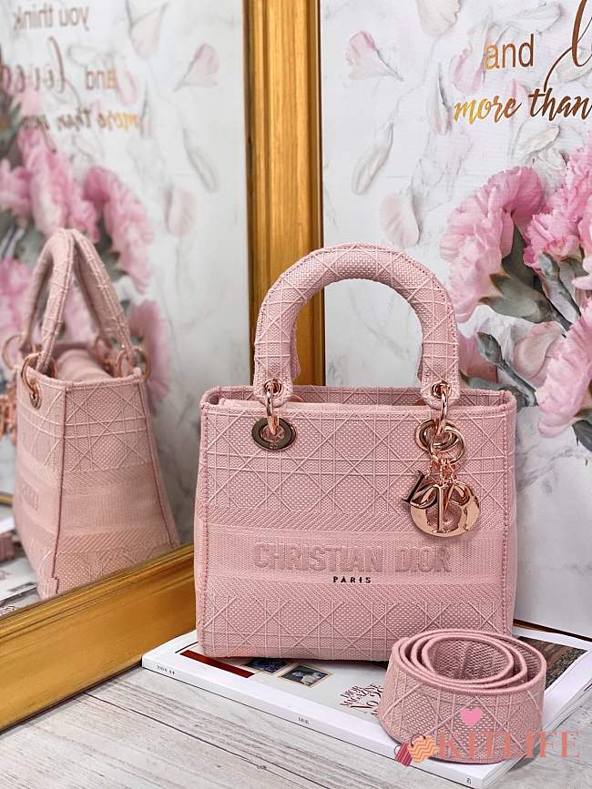 Kitlife Dior Medium Lady D-Lite Bag Pink Rose Gold Buckle Cannage Embroidery - 24x20x11 - 1