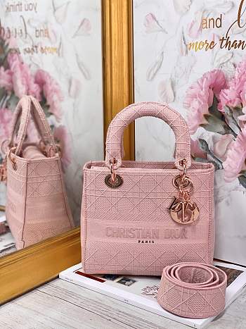 Kitlife Dior Medium Lady D-Lite Bag Pink Rose Gold Buckle Cannage Embroidery - 24x20x11