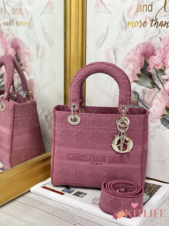 Kitlife Dior Medium Lady D-Lite Bag Hibiscus Pink Gold Buckle Cannage Embroidery - 24x20x11 - 1