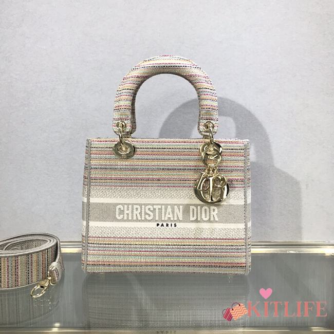 Kitlife Dior Medium Lady D-Lite Bag Cloud Color Strips Gold Buckle Cannage Embroidery - 24x20x11 - 1