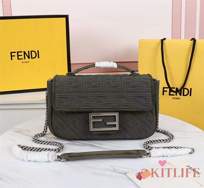 Kitlife Fendi MIDI BAGUETTE CHAIN Green FF fabric bag ­- 8BR793 - 24×6×13cm - 1