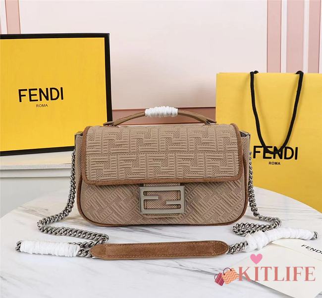 Kitlife Fendi MIDI BAGUETTE CHAIN Beige FF fabric bag ­- 8BR793 - 24×6×13cm - 1