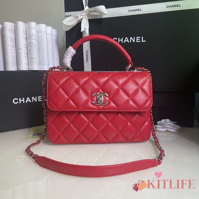 Kitlife Chanel Flap Bag With Top Handle Lambskin Red with Silver Hardware - 27 × 17 × 12 cm - 1