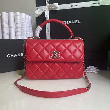 Kitlife Chanel Flap Bag With Top Handle Lambskin Red with Silver Hardware - 27 × 17 × 12 cm