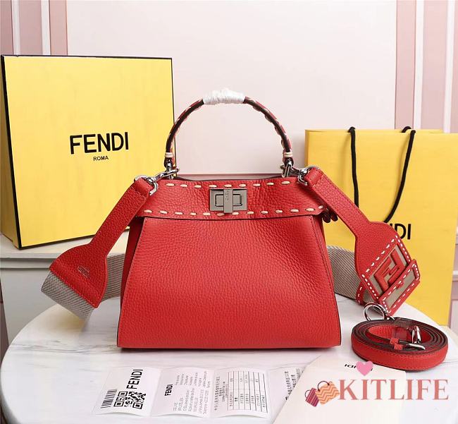 Kitlife Fendi Peekaboo Mini Red Full Grain Leather Bag - 8BN244 - 23x11x18cm - 1