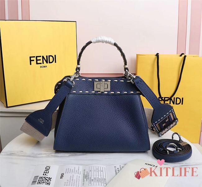 Kitlife Fendi Peekaboo Mini Blue Full Grain Leather Bag - 8BN244 - 23x11x18cm - 1