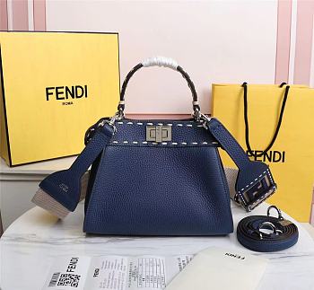 Kitlife Fendi Peekaboo Mini Blue Full Grain Leather Bag - 8BN244 - 23x11x18cm