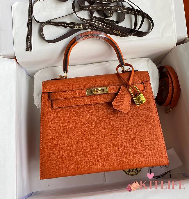 Kitlife Hermes Kelly Epsom leather orange gold buckle - 28x25cm - 1