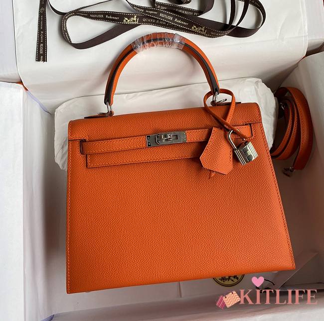 Kitlife Hermes Kelly Epsom leather orange silver buckle - 28x25cm - 1