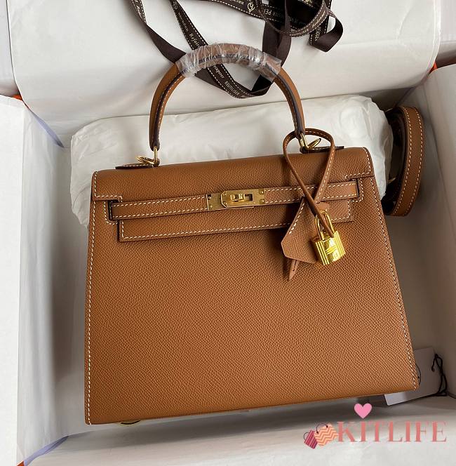 Kitlife Hermes Kelly Epsom leather brown gold silver buckle - 28x25cm - 1