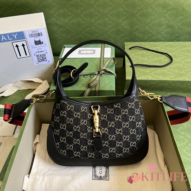 Kitlife Gucci Jackie 1961 small shoulder bag Black and ivory GG denim jacquard - ‎ ‎678843 - 28x 19x 4.5cm - 1