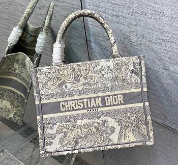 Kitlife Dior Small Book Tote Grey Toile de Jouy Stripes Embroidery - 26x8x22cm