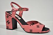Kitlife Chanel 22s Printed Lambskin Cc Logo Ankle Strap Block Pink Heel Sandal - 2