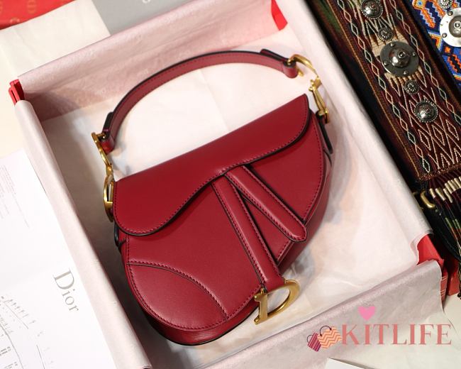 Kitlife Dior Saddle Red Small Smooth Calfskin Leather - 19.5x16x6.5cm - 1