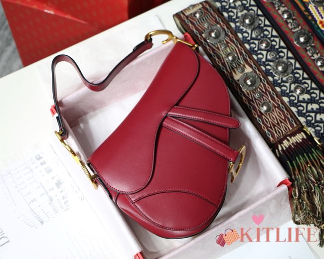 Kitlife Dior Saddle Red Medium Smooth Calfskin Leather - 25.5x20x6.5cm - 1