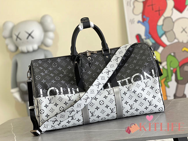 Kitlife Keepall 50 Bandoulière Black & Silver Monogram Eclipse Coated Canvas & Black Calfskin Leather Split - M43412 - 50 x 29 x 23 cm-  - 1