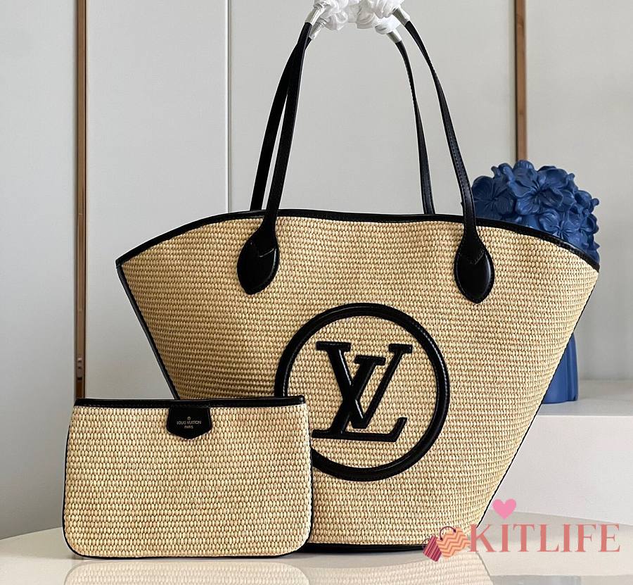 Louis Vuitton Raffia Tote Saint Jacques, Neutral With Black Leather,  Preowned In Box WA001