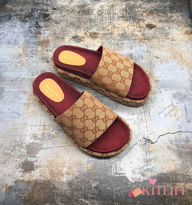 Kitlife Gucci Women's Original GG slide sandal - Beige/brick red Original GG canvas - 1