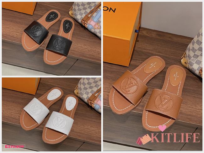 Kitlife Louis Vuitton Lock It Flat Mule Grained Calf Leather - White/Brown/Black - 1