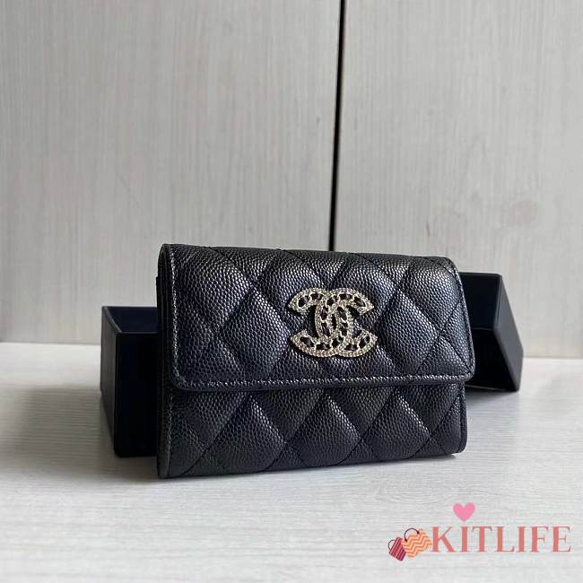 Kitlife Chanel 22s Two-fold Buckle Coin Purse Black Caviar Leather - 8.5 × 12 × 2.5 cm - 1