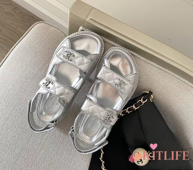 Kitlife Chanel Dad Leather Sandals (White,Silver) - 1