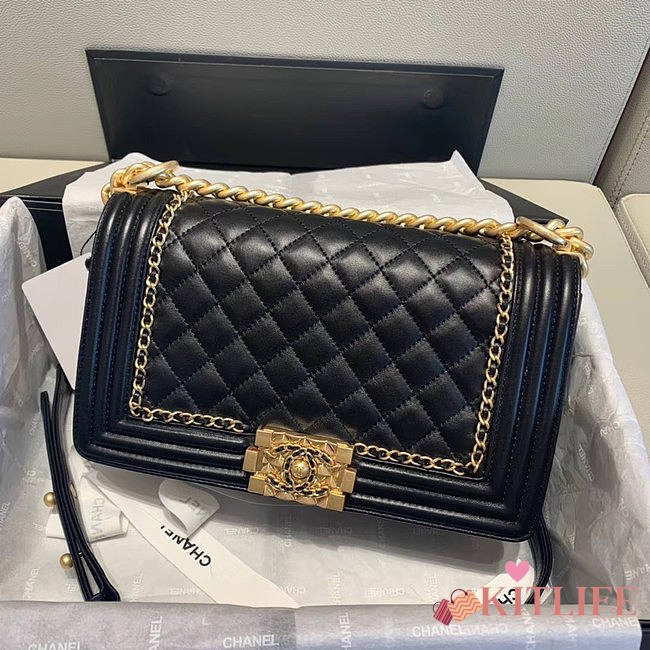 Kitlife Chanel Boy Small Bag With Pearl Logo (Black, White) - 25x16x7cm - 1