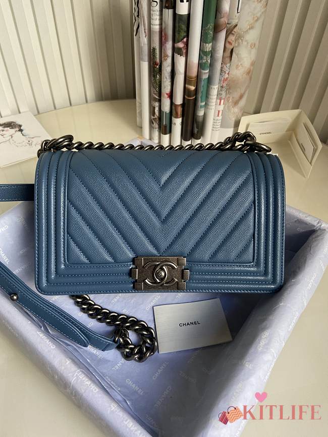 Kitlife Chanel Le Boy Old Medium Chevron Caviar Leather Blue (Silver/Gold Hardware) - 25cm - 1