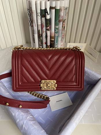 Kitlife Chanel Le Boy Old Medium Chevron Caviar Leather Burgundy (Silver/Gold Hardware) - 25cm