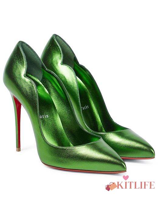 Kitlife Christian Louboutin Women's Green Hot Chick 100 Metallic Leather Pumps - 1