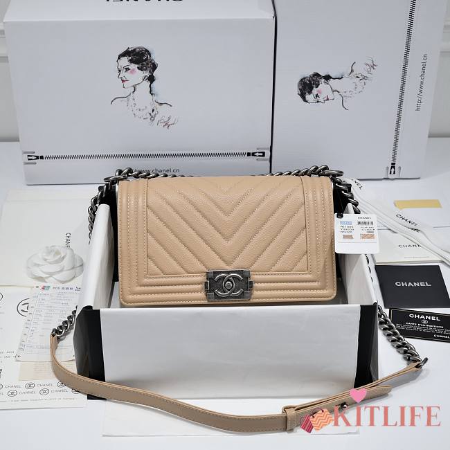 Kitlife Chanel Le Boy old Medium Caviar Chevron Beige (Gold/Silver Hardware) - 25cm - 1