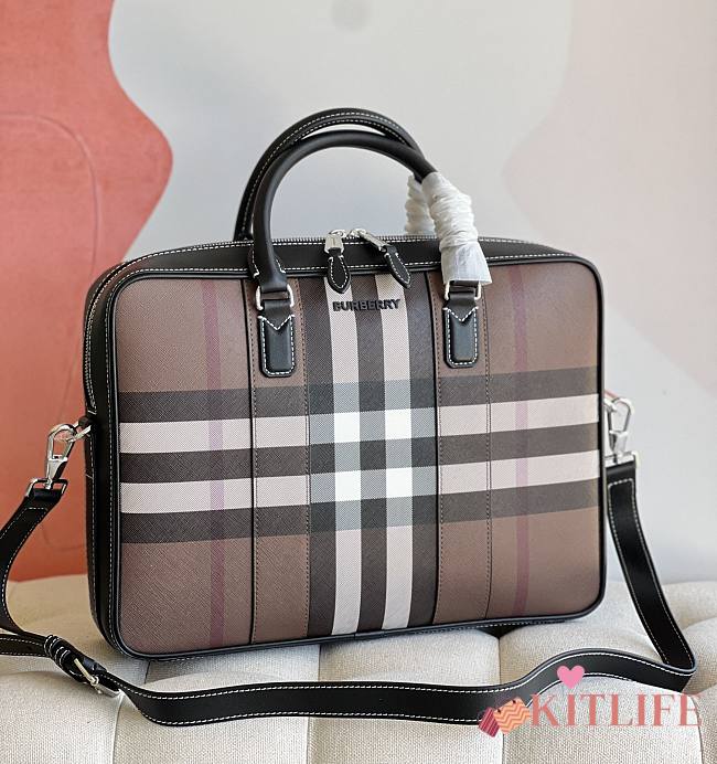 Kitlife Burberry Check And Leather Briefcase Dark Birch rown - 38 x 9 x 28cm - 1