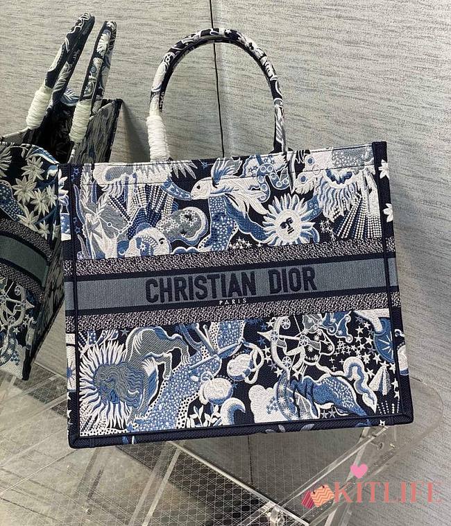 Kitlife Dior Book Tote Large Blue Multicolor Zodiac Fantastico Embroidery - 42x25x18cm - 1