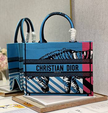 Kitlife Dior Book Tote Medium Bright Blue Pink D-Jungle Pop Embroidery - 35x28cm