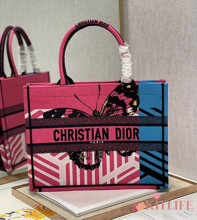 Kitlife Dior Book Tote Medium Bright Pink D-Jungle Pop Embroidery - 35x28cm - 1