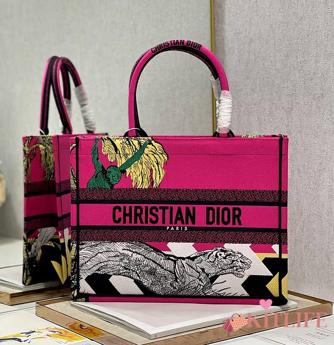 Kitlife Dior Book Tote Medium All Bright Pink D-Jungle Pop Embroidery - 35x28cm - 1