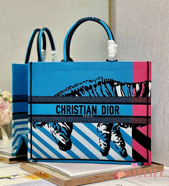 	 Kitlife Dior Book Tote Large Bright Blue Pink D-Jungle Pop Embroidery - 42x36x18cm - 1