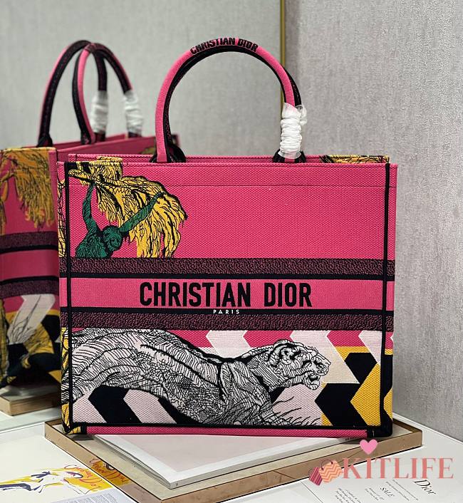 	 Kitlife Dior Book Tote Large All Bright Pink D-Jungle Pop Embroidery - 42x36x18cm - 1