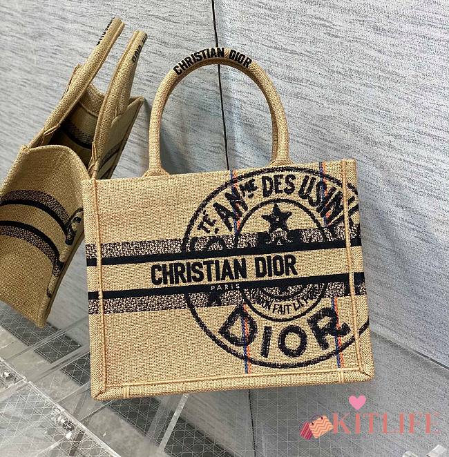 Kitlife Dior Book Tote Small Beige Jute Canvas Embroidered with Dior Union Motif - 26.5*21*14cm - 1