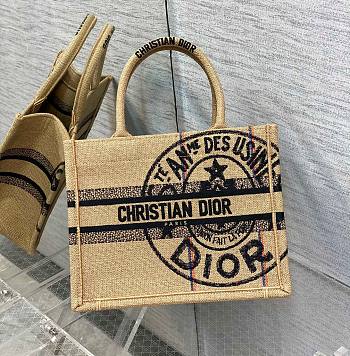 Kitlife Dior Book Tote Small Beige Jute Canvas Embroidered with Dior Union Motif - 26.5*21*14cm