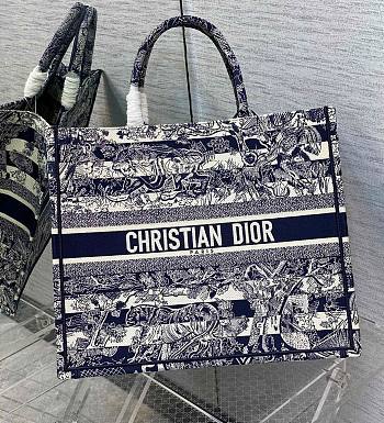 	 Kitlife Dior Book Tote Large Blue Toile de Jouy Reverse Embroidery Lines - 42*18*35cm