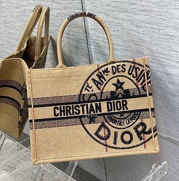 	 Kitlife Dior Book Tote Medium Beige Jute Canvas Embroidered with Dior Union Motif - 36.5*28*17.5cm