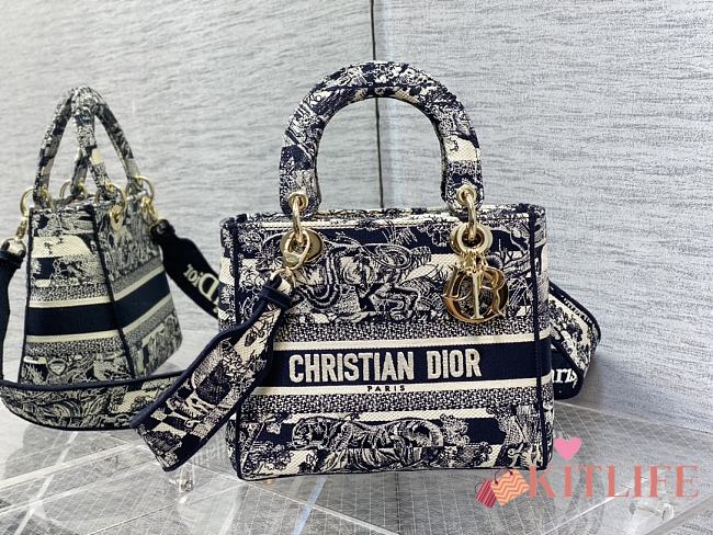 Kitlife Dior Medium Lady D-Lite Bag Navy Blue Toile de Jouy Stripes Embroidery - 24cm - 1